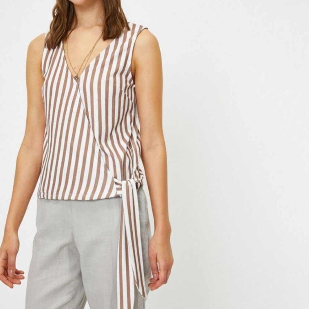 Tristan Stripped Red V-neck Tie Up Blouse